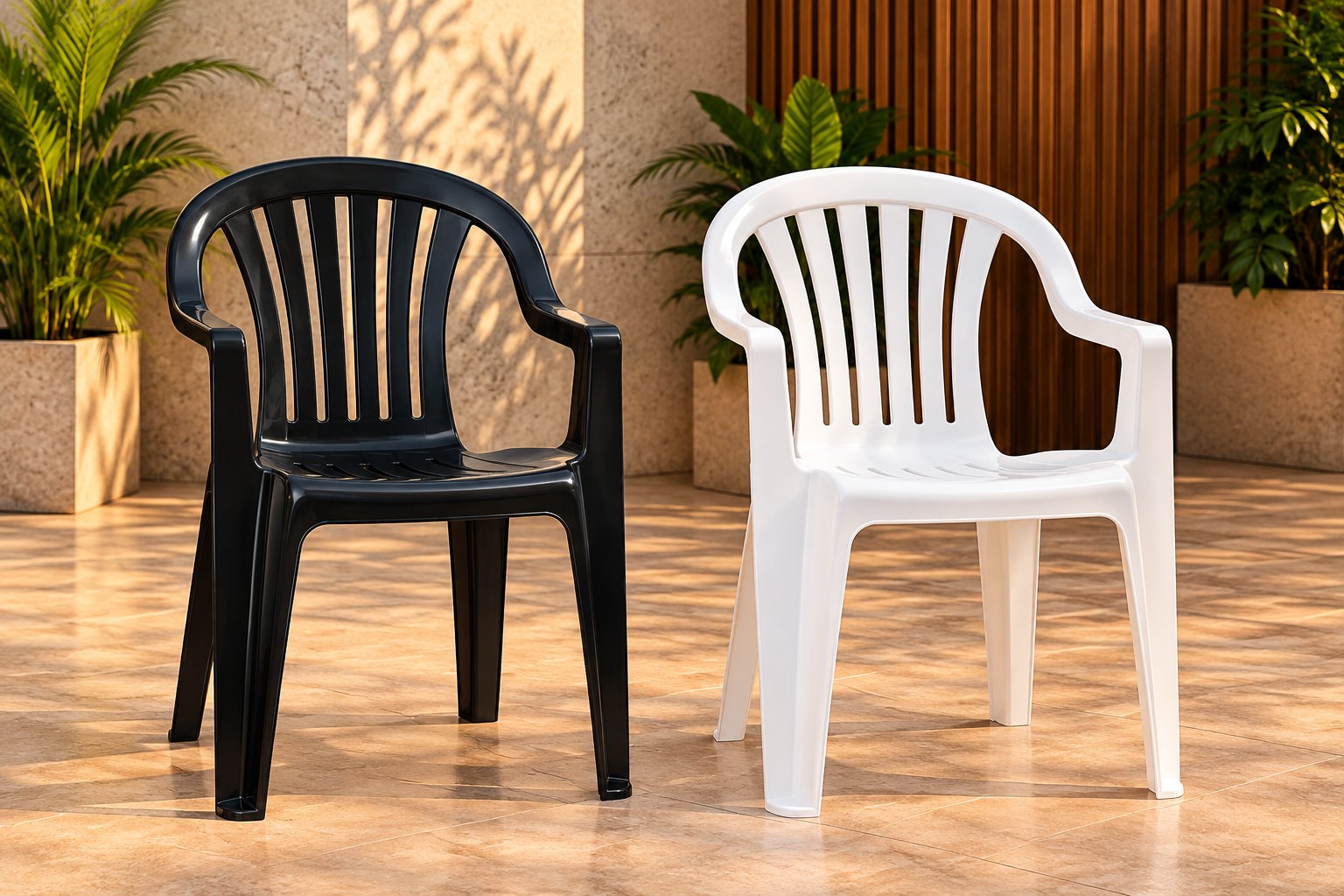 Poltronas com braço preta e branca juntas no pátio