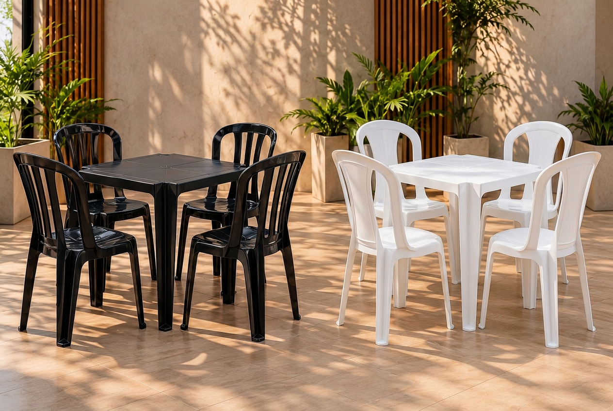 Composição no mesmo pátio: à esquerda, mesa preta com quatro cadeiras Goba pretas; à direita, mesa branca com quatro cadeiras Sauípe brancas