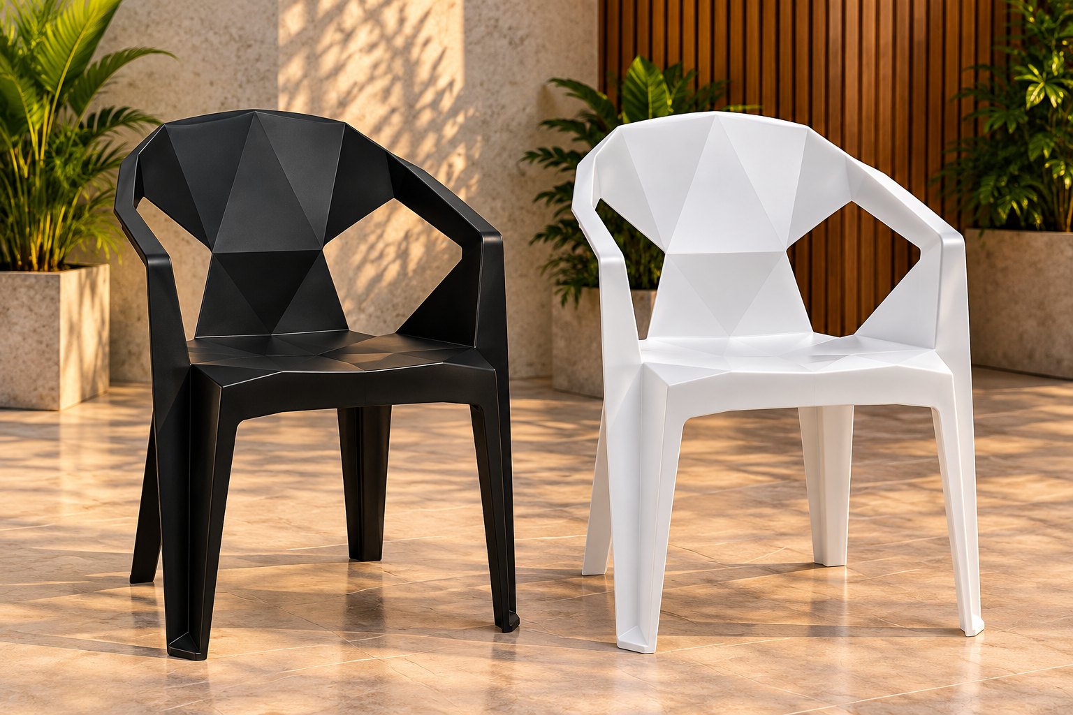 Poltronas Diamante preta e branca, de desenho geométrico facetado, juntas no pátio